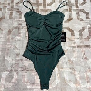 NEW Express Dark Green Body Contour Ruched Bodysuit With Bra Cups, Size XS